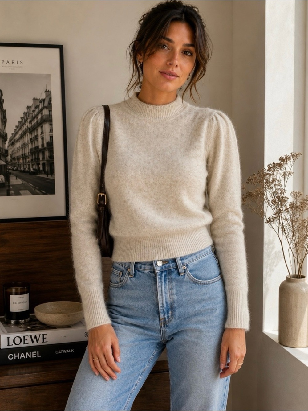Madewell Alpaca Blend Mockneck Puff Sleeve Soft Heather Alabaster Sweater